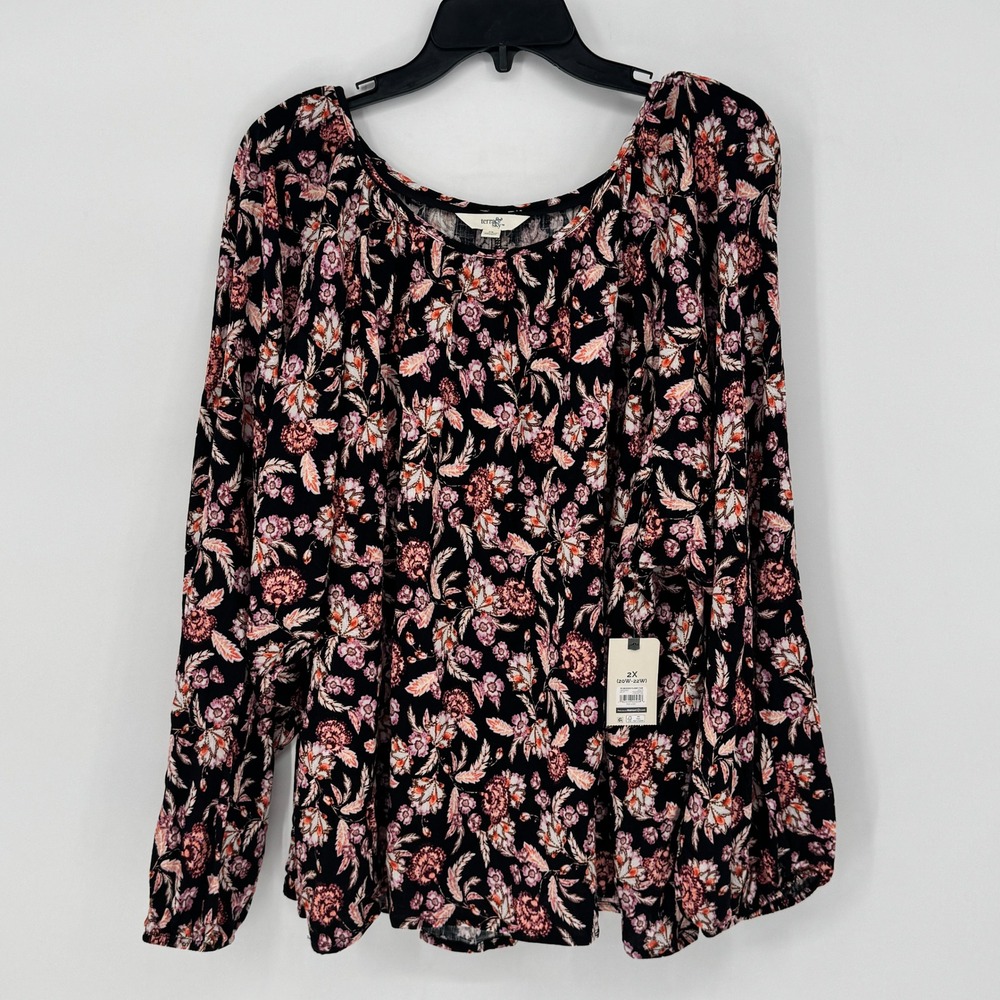 Terra & Sky Womens 2X Floral Woven Flowy Top Black Pink Long Sleeve Boho NWT